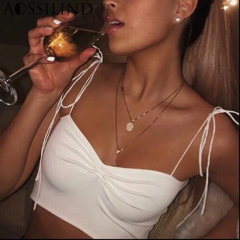 AOSSILIND Спагетти ремень кружево Белый Короткий Топ для женщин без рукавов Летнее