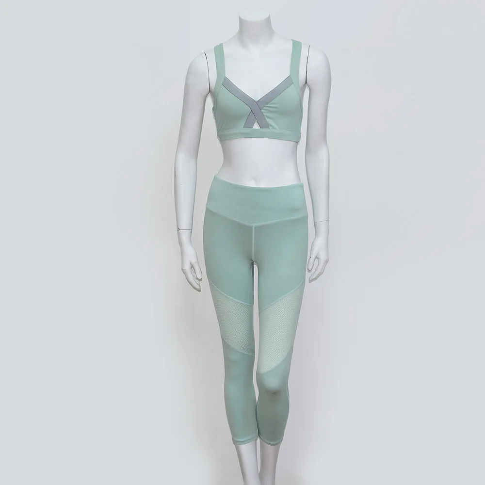 

Solid Two Piece Set Top And Pants High Waist Super Stretch Fitness Tracksuit Mesh Breathable Workout Leggings Bra Women Set 2019