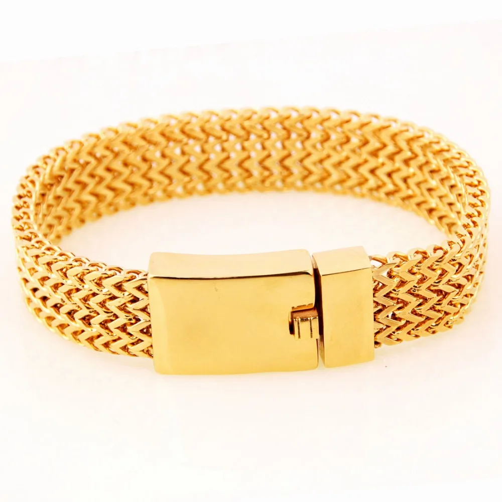 Мужской браслет Figaro из нержавеющей стали золотистого цвета с плоской цепочкой 15