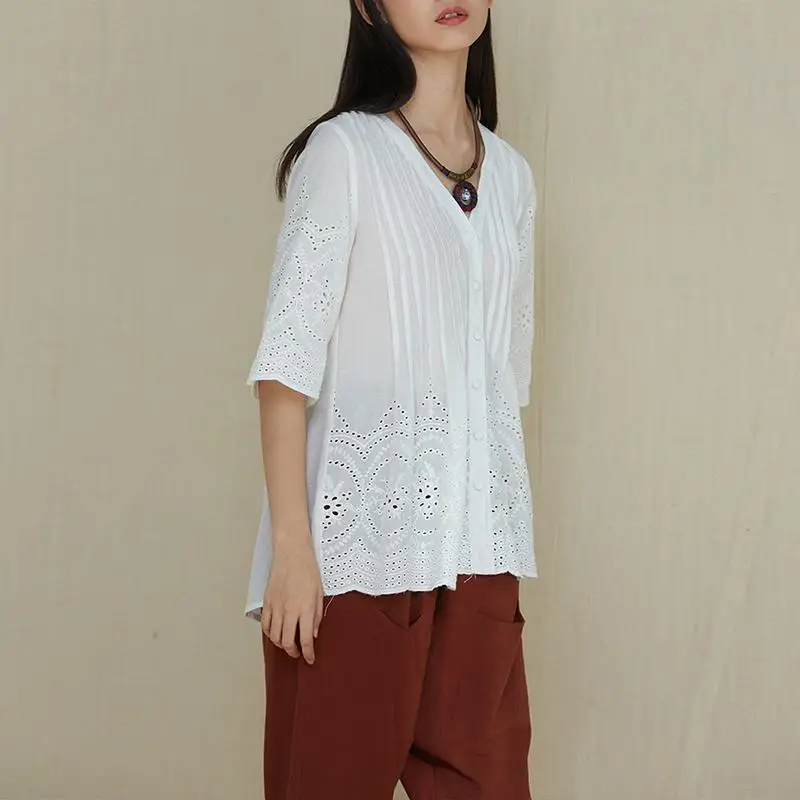 Summer Women Cotton Linen Blouse Elegant Embroidery Hollow Blusas Female V Neck Button Shirts Pleated Tunic Top Plus Size
