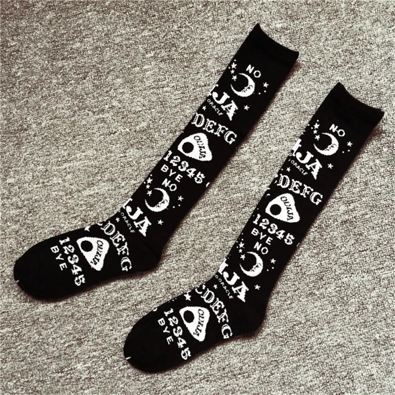 Free Shipping Thigh High Long Socks Women Ladies Black Color Over The Knee Fashion Letter Pattern Ouija Board  Rainbow Japanese