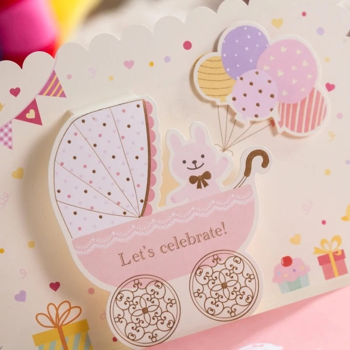 Pink invitations card with ribbon for Baby Girl 3D Card birthday invitation cards CW5301 | Дом и сад