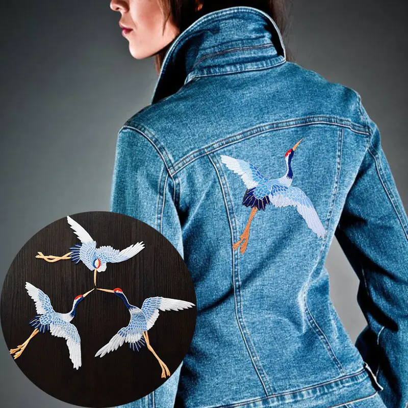 Распродажа Большой Синий кран патч Вышивка Железо на аппликация патчи для одежды