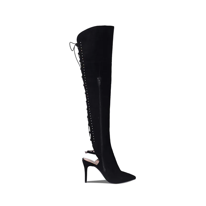 

Beige Black Back Lace Up Over The Knee Boots Women Slingback High Heels Shoes Runway Catwalk Thigh High Heeled Boots Size 45