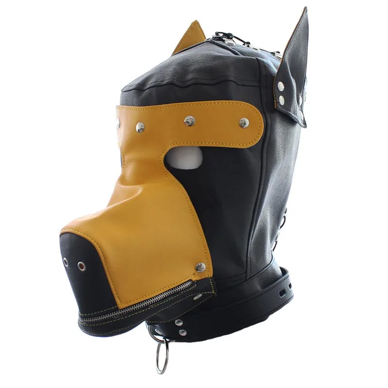 Искусственная кожа фетиш Pet Play Hood Doggy/Puppy Head удерживающая маска ролевой игры Костюм с глазами-заплатками и рот на молнии - Цвет: Цвет: желтый