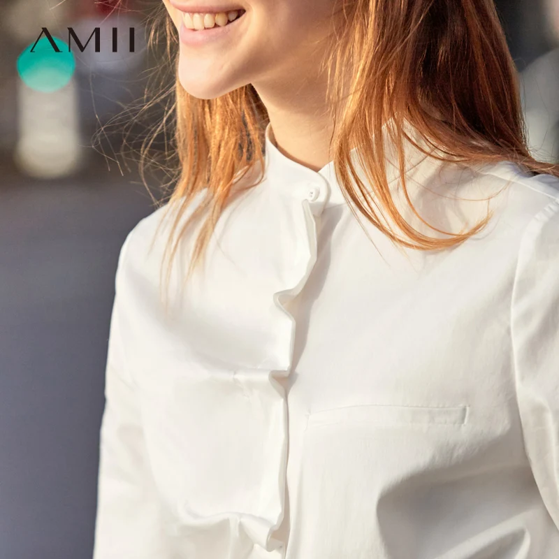 Amii Minimalist Women Shirts Spring New Office Solid Long Sleeve Folds Pleased Strand Collar Causal Female Blouse Shirt