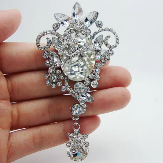

bridal brooch Beautiful charming white Clear Rhinestone Crystal Crown flower brooch pins droplets Pendant