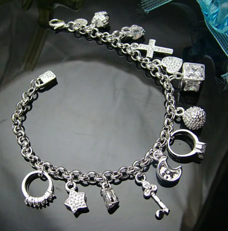 Fashion Trendy Jewelry Chic Silver Color Plated Bracelet Moon Heart Lock Cross Charm Bracelet 13 Pendants Bracelet