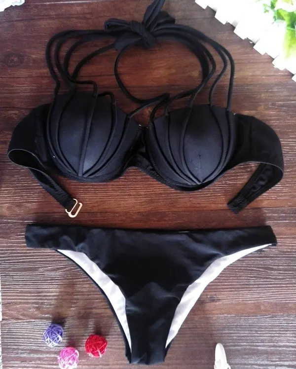 Solid Color Bikini Set Women Swimwear Push Up Not Neoprene Vintage Swimsuit Bandage 2015 |