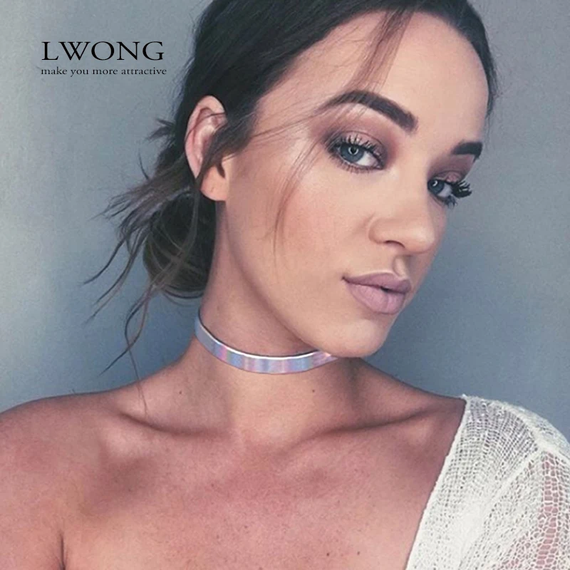 LWONG 1cm Width Thin Holographic Chokers Necklaces for Women Rainbow Iridescent Holo Hologram Choker Chocker PU Leather Necklace | Украшения