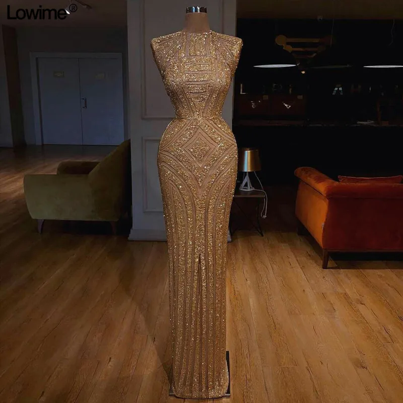 

Fashion Muslilm Long Mermaid Evening Dress Dubai Turkish Arabic Formal Sequined Fabric O-Neck Prom Party Dresses