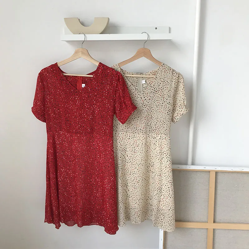 PERHAPS U red apricot polka dot v neck puff sleeve short a line dress mini beach vocation D1311 | Женская одежда