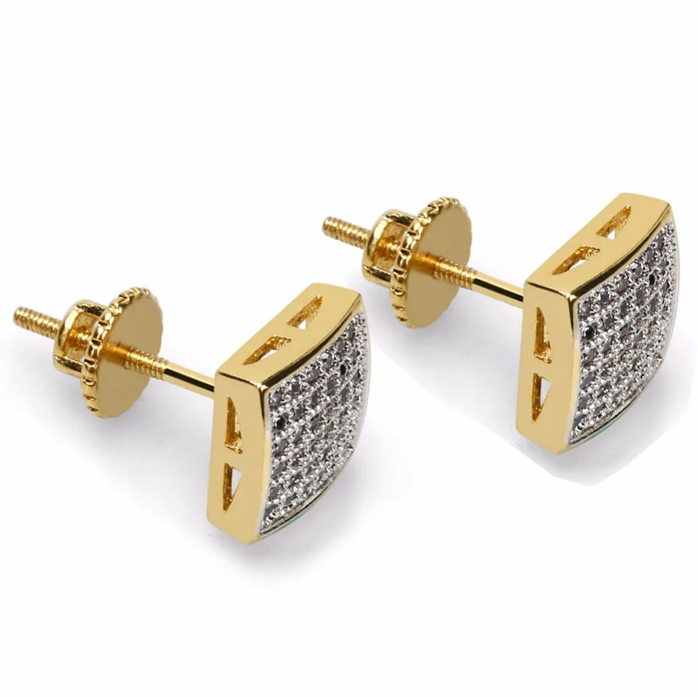 Mens Hip Hop Stud Earring AAA+ CZ Zircon Ice Out Bling Gold Color Copper Geometric Square Earrings Men Hiphop Rapper Jewelry | Украшения и