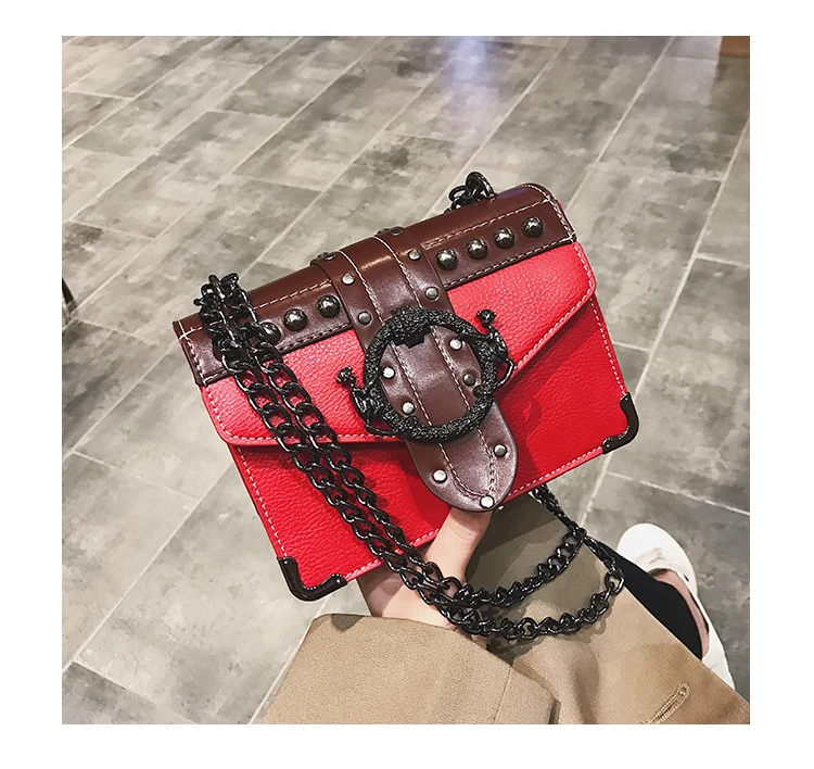 Европейская мода, женская квадратная сумка, новинка, качественная женская дизайнерская сумка из искусственной кожи, сумка на плечо с заклепками и цепочкой