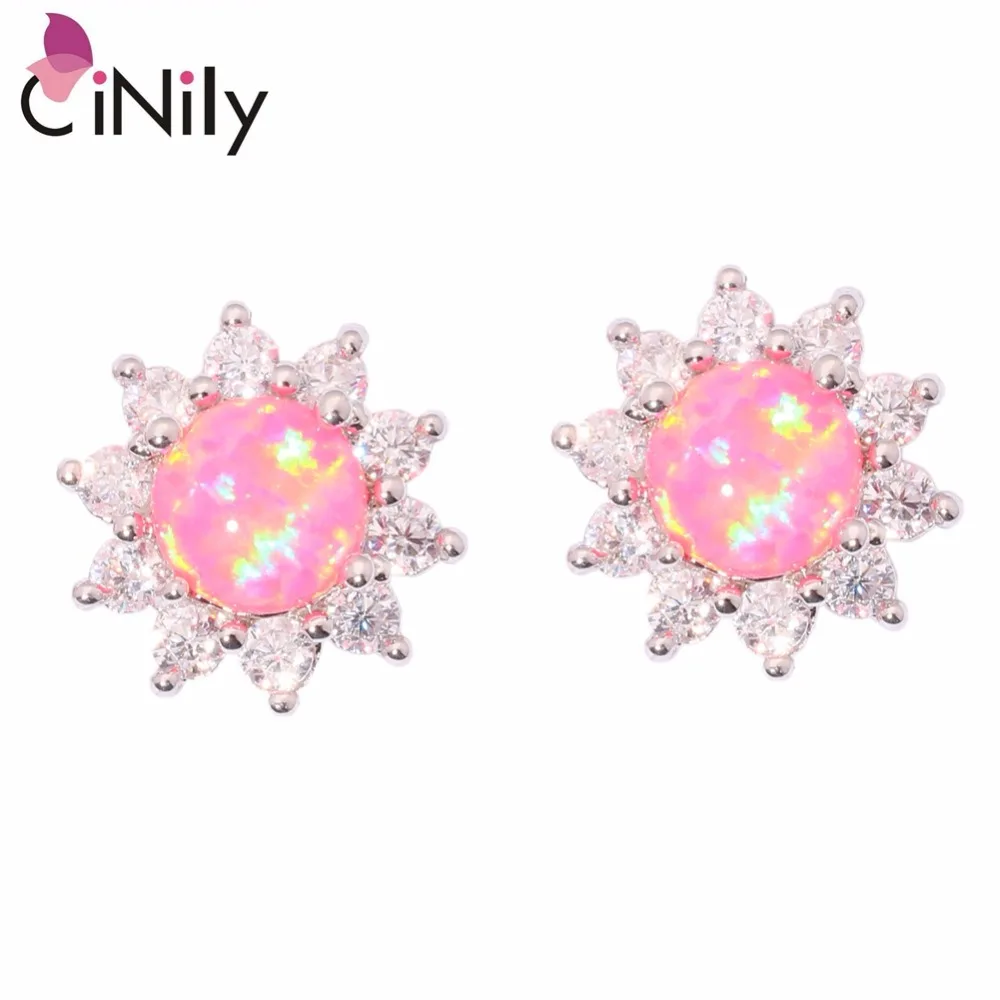 Серьги гвоздики CiNily Sun Flower огненный опал Розовый Камень Посеребренные Фианиты CZ