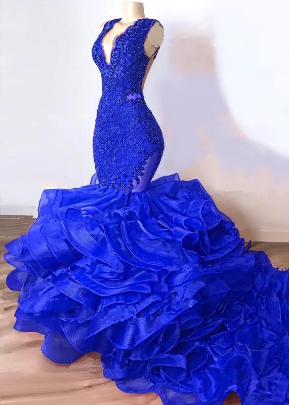 

Gorgeous Royal Blue Mermaid Prom Dresses 2019 Luxury Lace Beaded Ruffles Chapel Ruffles Train African Trumpet Evening Gowns