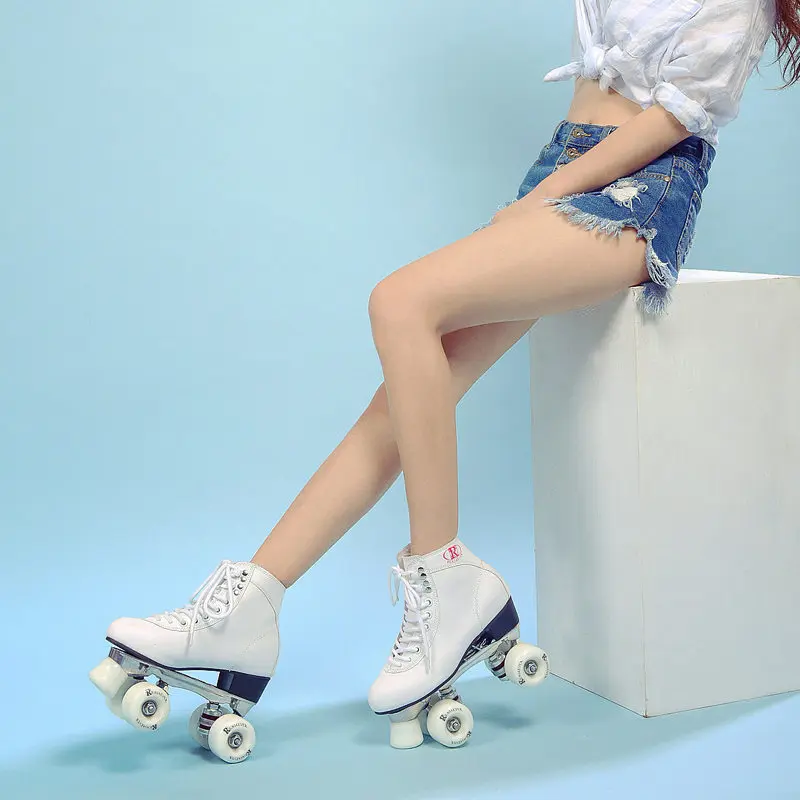 Двойной роликовые коньки белый Пояса из натуральной кожи с черным Колёса два