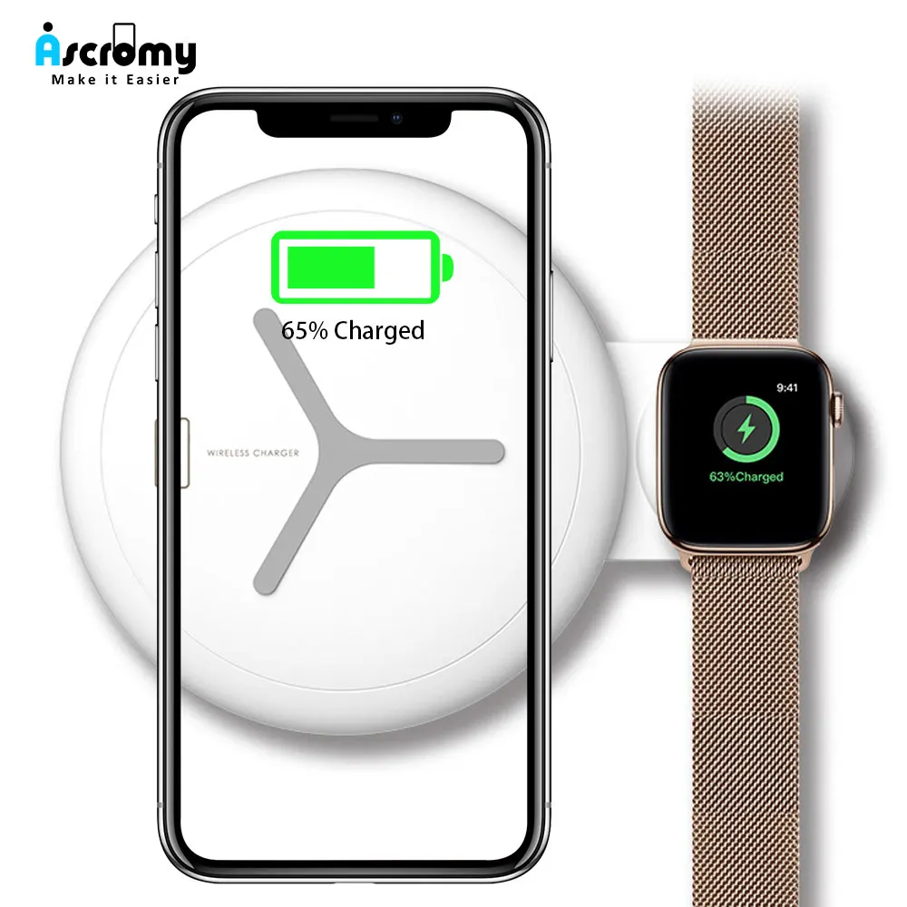 Беспроводная зарядная подставка Ascromy 2 в 1 для iwatch Apple Watch Series 3 iPhone XS Max XR 8 Plus X S док