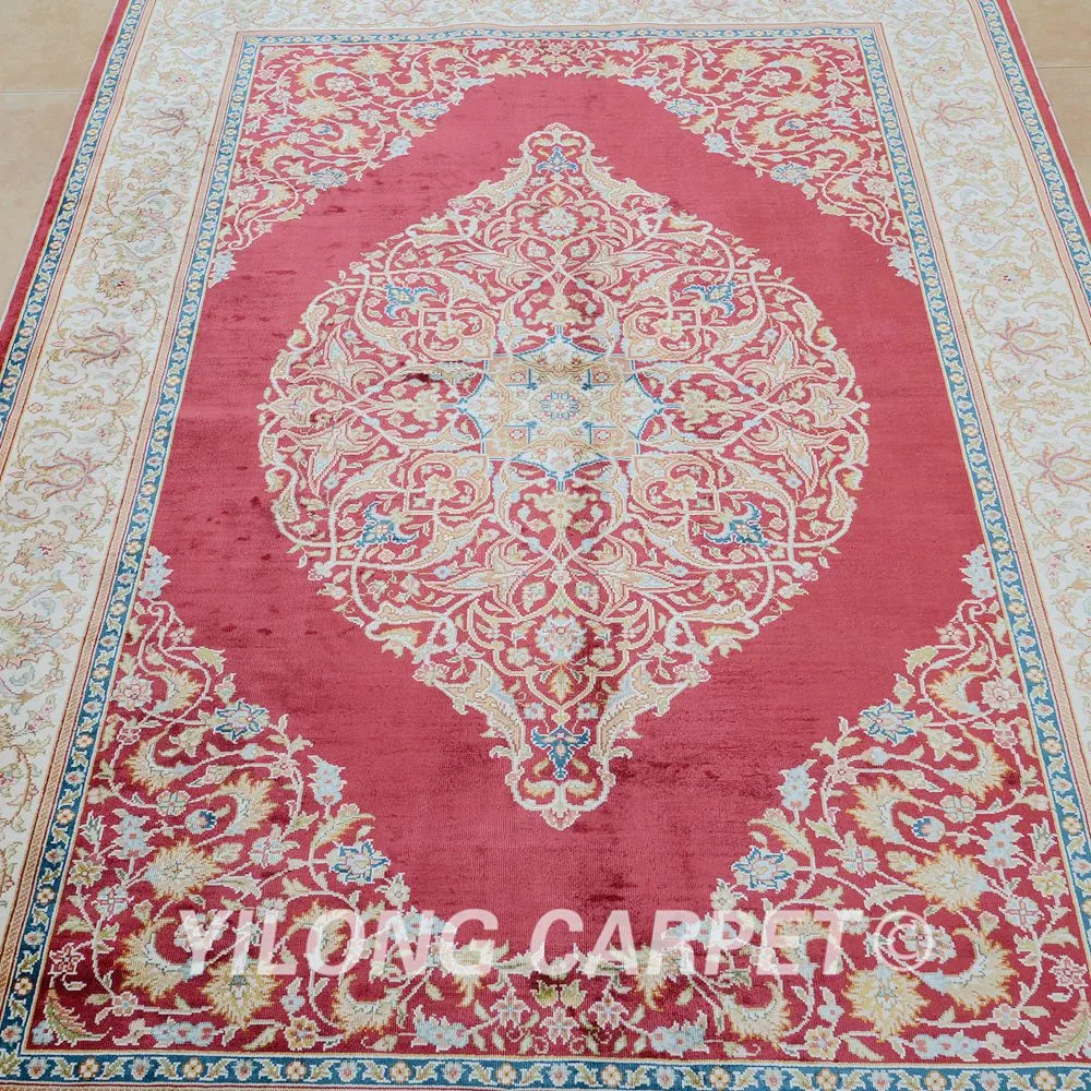 Yilong 4' x 6' Кум ковер традиционный Тебриз красный ковёр искусственный шелк