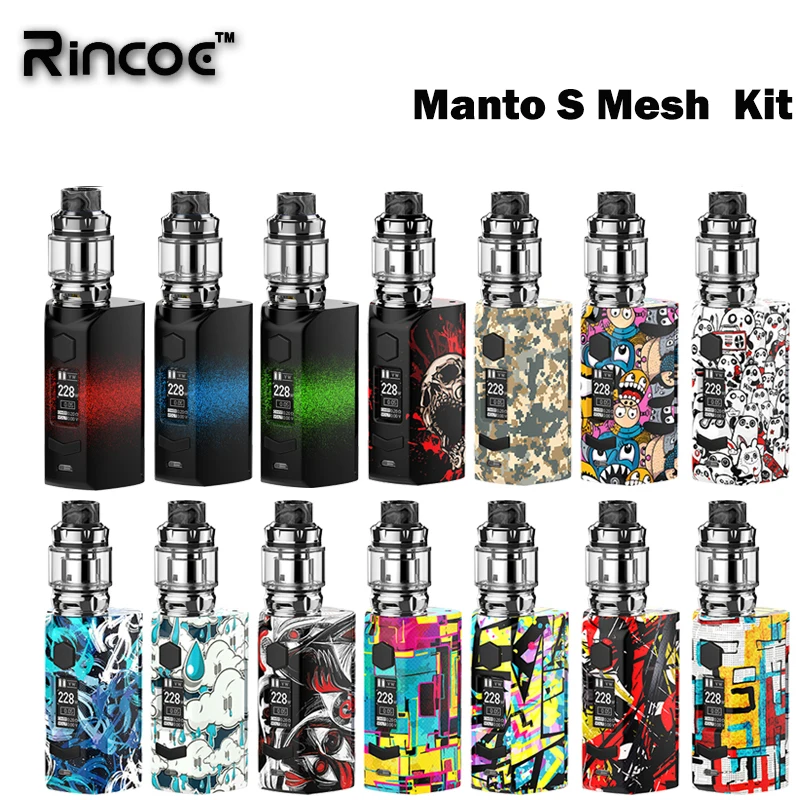 Новейший комплект Rincoe Manto S Mesh 228 Вт box mod с 6 мл Metis Mix Tank работающим от двух 18650 и Пумы