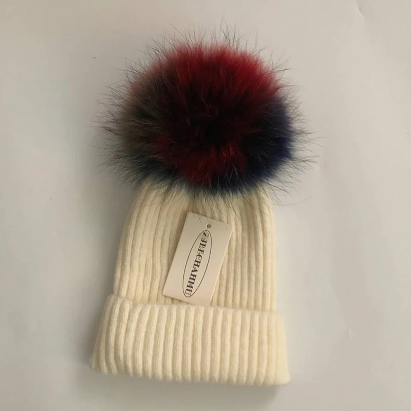 Women White Повседневные помпоны из натурального Лисьего меха и норки, 15 см, Skullies Beanies, шапки для женщин и девушек, зимние шерстяные теплые шапки Skullies Beanies, шапки, Новые шапки - Color: Women White