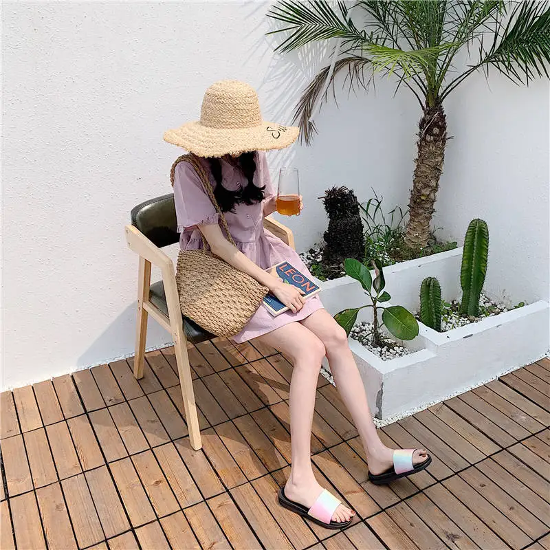 Все YIXIE2019; сезон лето; Новинка; модная женская обувь; тапочки; Повседневные тапочки на плоской подошве с радужными блестками; пляжные сандалии; шлепанцы