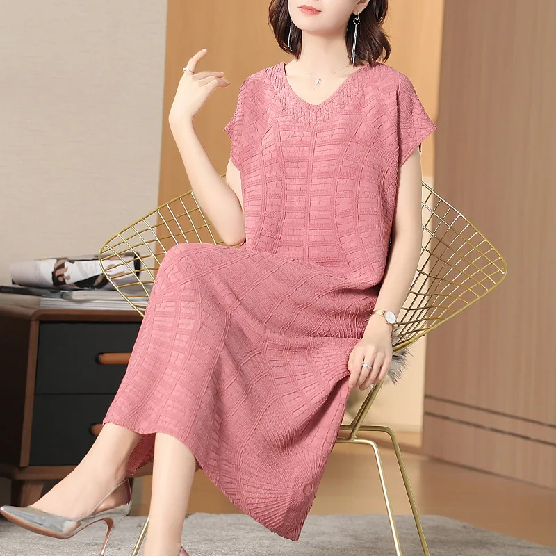 

Plus Size Dress For Women 45-75kg 2019 Summer Solid colour Loose V Neck Short Sleeves Embroidery Elegant A Line Dress