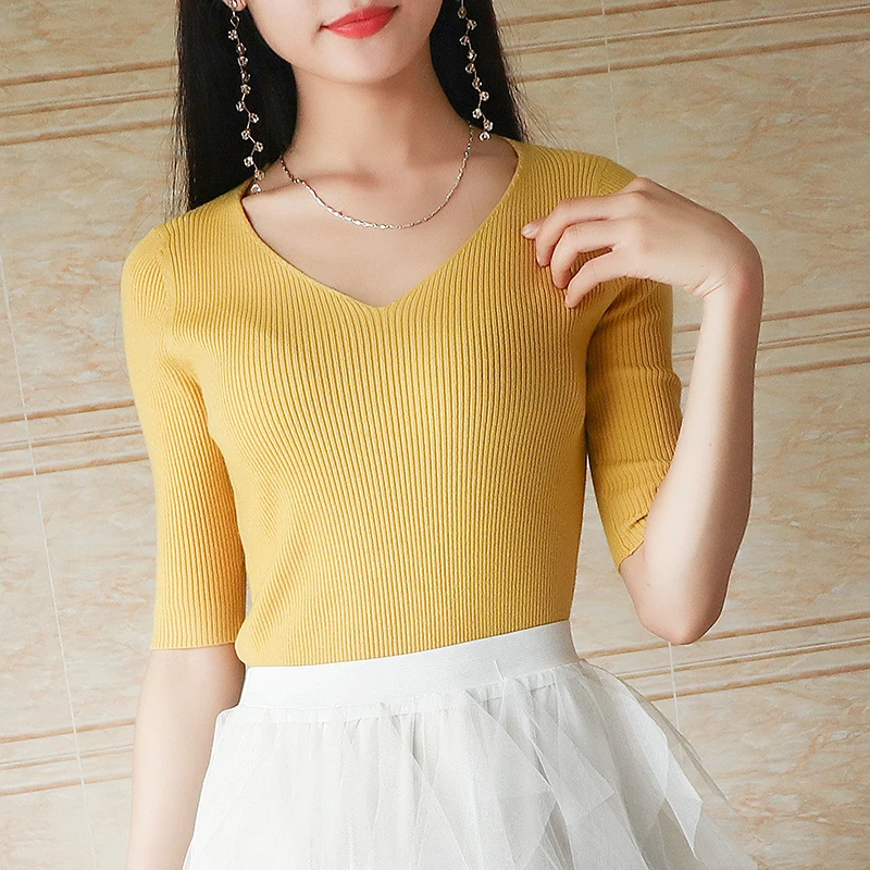 Knitting Womens Sweaters New Korean Bottom half Sleeve Black blue beige V-collar Winter Tops Sweater Women Thin Pullover Jumper | Женская