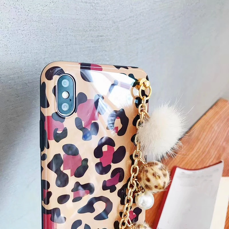 Luxury leopard print Plush ball Case For iPhone X XR XS Max Metal Bracelet Wristband iphone 8 7 6 6s Plus | Мобильные телефоны и