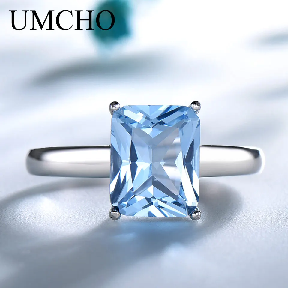 Topaz UMCHO, роскошное небесно-голубое кольцо с драгоценным камнем топазом, цельное 925 пробы Серебряное обручальное кольцо для женщин, очаровательные вечерние ювелирные украшения для женщин - Цвет камня: Topaz