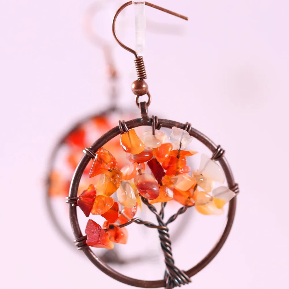 Natural Stone Orange Red Onyx Dangle Earrings For Women Copper Wire Wrap Tree of Life Jewelry Gift | Украшения и аксессуары