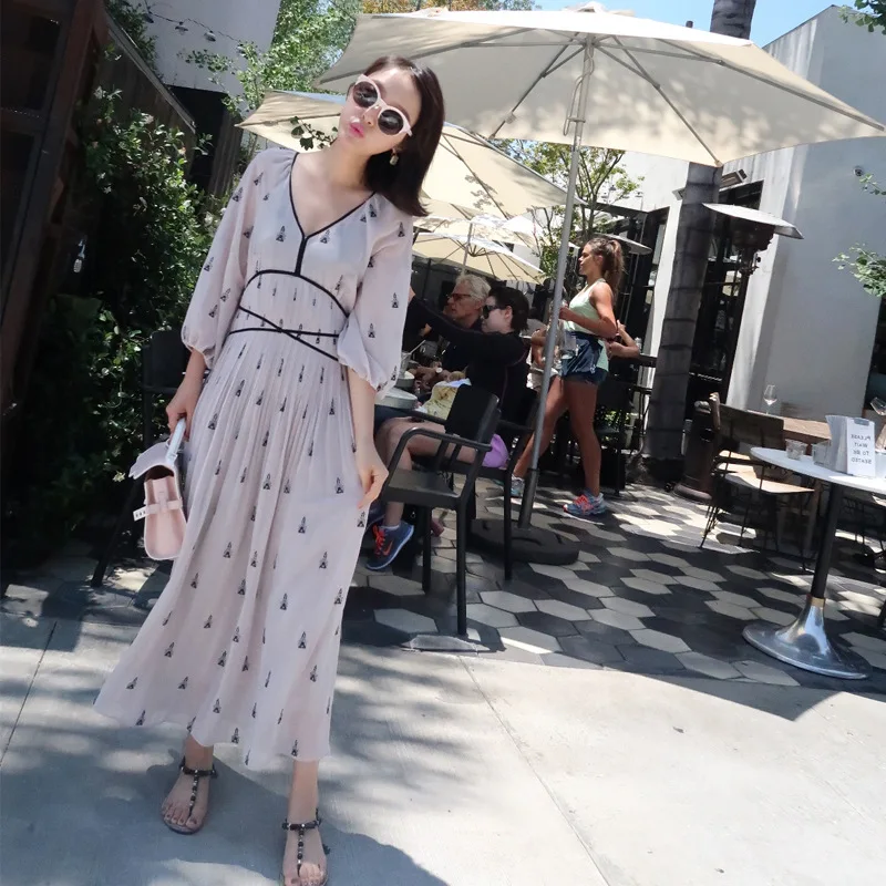 Лето 2017 г. женские платье Элегантный V шеи три четверти рукав шифон Свадебные