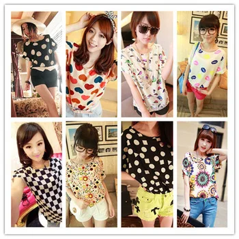 

Best Sale11 styles New Women Colorful style Chiffon blouse shirt lady fashion Batwing short sleeve Loose Blouse Top