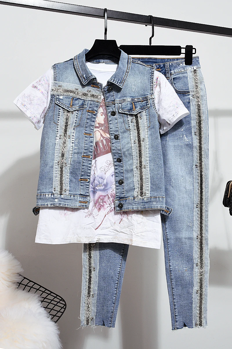 

2019 Spring Fall Women's Clothes Pants Suit Beading Denim Waistcoat+ Elastic Nine-cent Trousers Jeans Suit Girls Two Piece Set