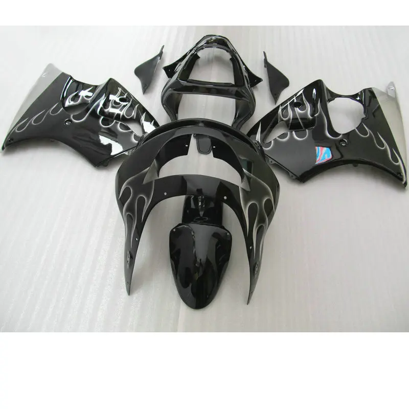 

Customize ABS motorcycle fairing kits for Kawasaki ZX6R 1998 1999 silver flame in black Fairings bodywork Ninja 636 ZX 6R 98 99