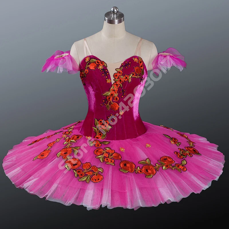 Adult Women Deeppink Professional Ballet Tutu Red Flower Embroidery Girls Dance Costume Romantic Dancewear Ballerina Dress B1202 |