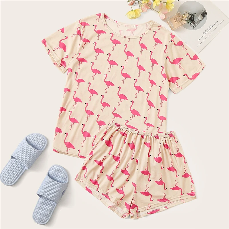 Dotfashion пижамный комплект с принтом животных фламинго Летняя Повседневная Пижама для женщин Весенняя женская модная Домашняя одежда с коротким рукавом