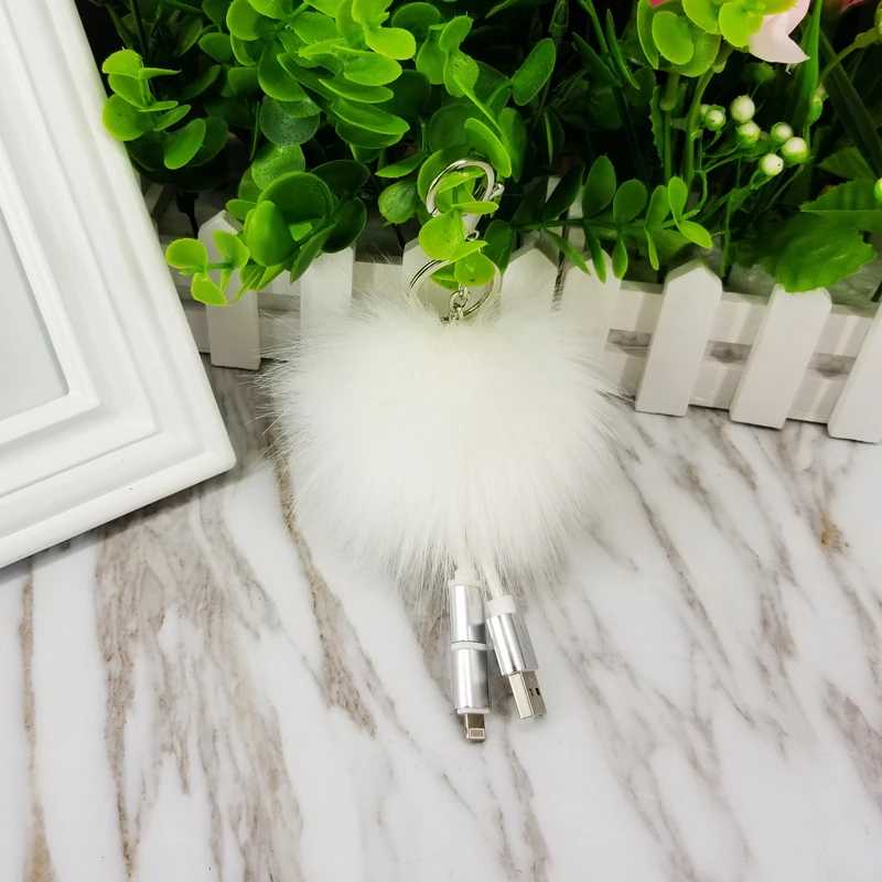 Мех животных помпоном брелок с шариком телефон USB кабель для передачи данных