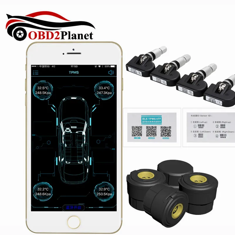 Хит, умный автомобиль TPMS Bluetooth 4,0, система контроля давления в шинах, дисплей приложения, 4 внутренних внешних датчика для Android IOS
