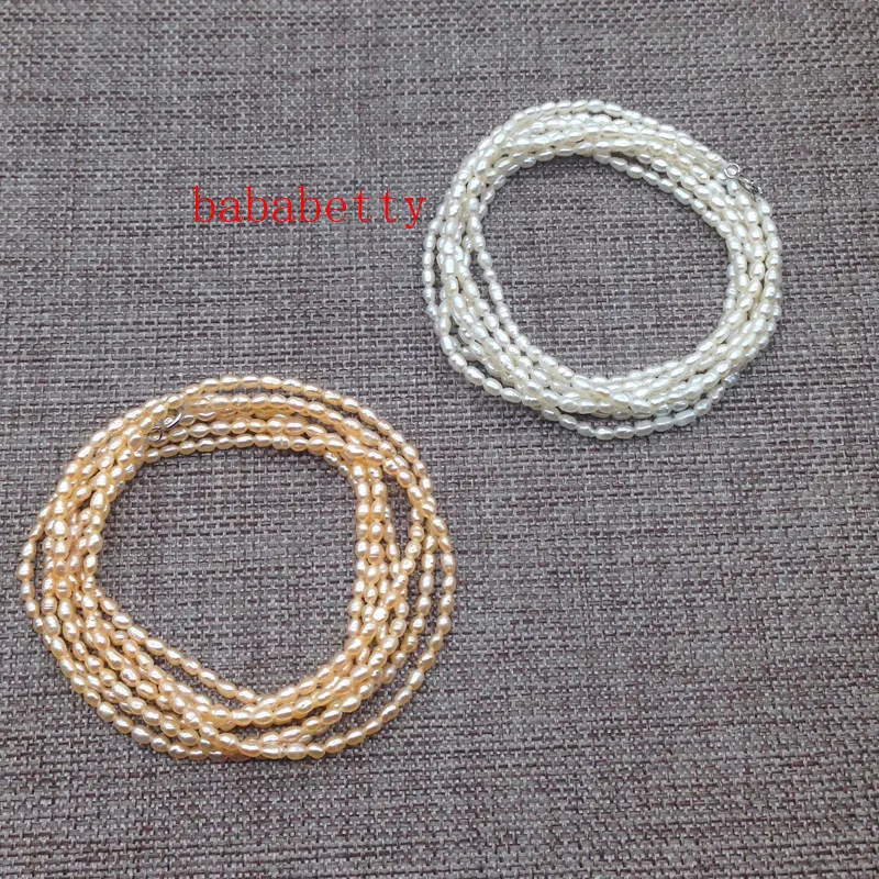 

New Natural Freshwater Pearl White Pink irregular rice 3-4MM pearl Bracelet LONG 120CM