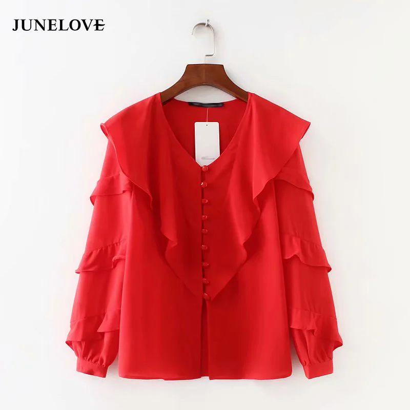 2019 autumn vintage v neck candy colors chiffon shirt female long sleeve chic ruffles Blouses high street Feminine Tops |