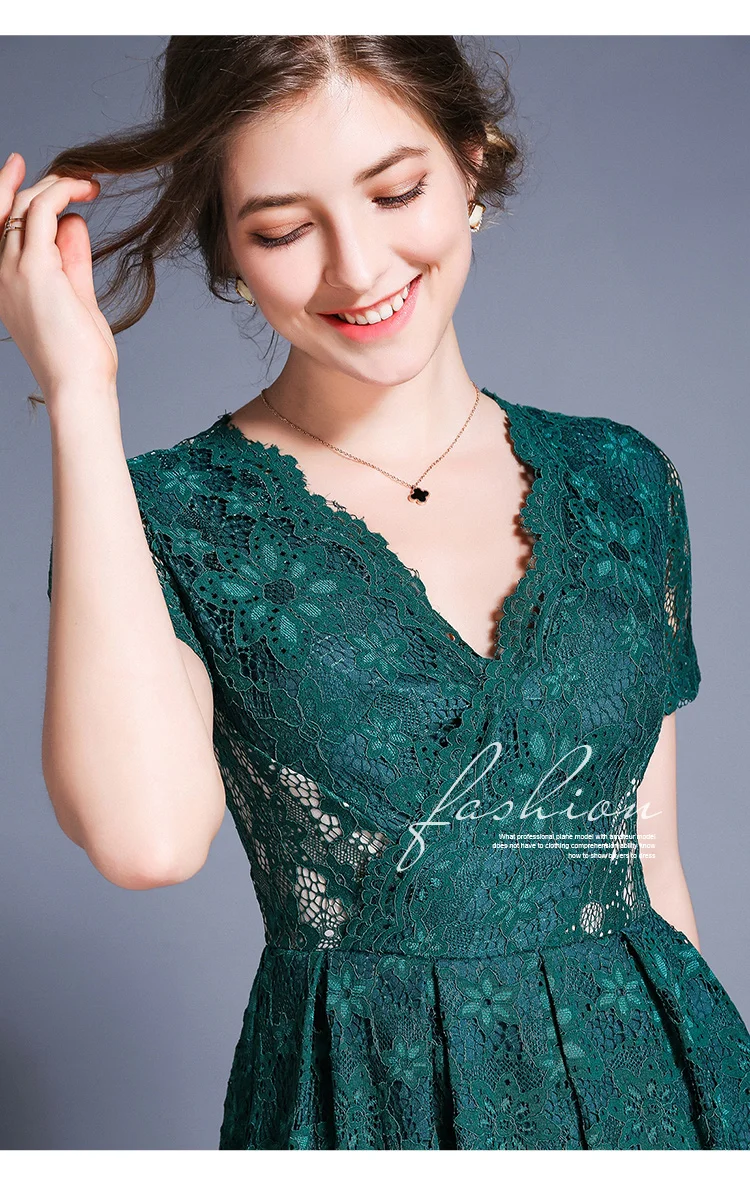 Women Green Dresses Hollow Out Floral Lace Runway Slim Fashion Evening Party Dress Office Lady Work Vestidos Autumn Vintage robe