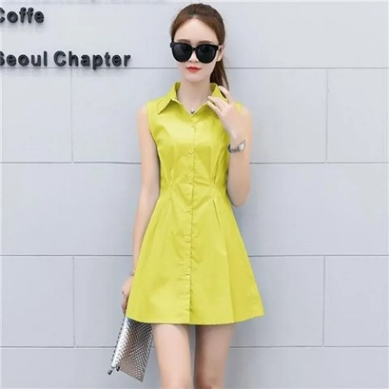 

Women Spring Summer Casual A-Line Dresses Lady Sleeveless Turn-down Collar Dress Vestidos SS046