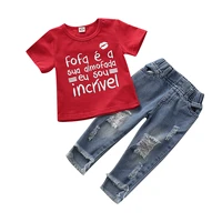 2019 new fashion children girls clothes letter print t shirt tops red hole denim pant jean 2pcs toddler kids clothing