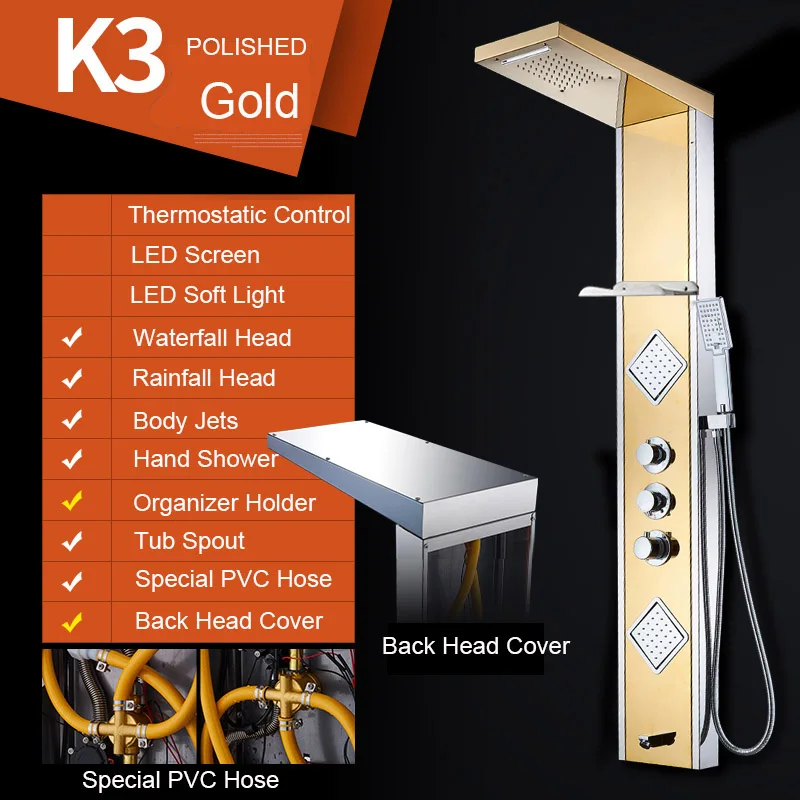 K3 Polished Gold Роскошная термостатическая контрольная складная душевая панель, полированное зеркало SUS304, с держателем-органайзером, водопад, дождь, струя тела - Цвет: K3 Polished Gold