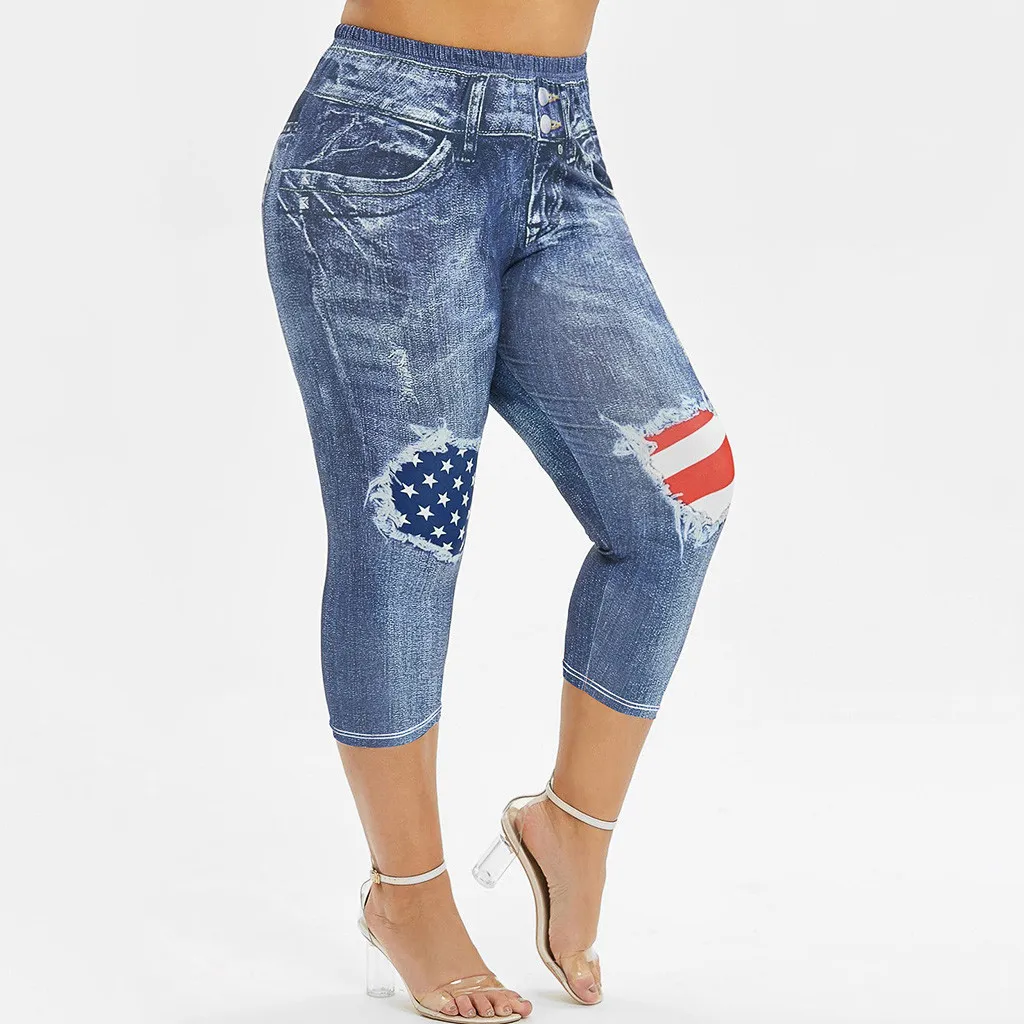 Ladies large size flag printed pants blue Summer Casual Trousers American Flag Printed Skinny Capri Plus Size Standard Pants 6.8 | Женская