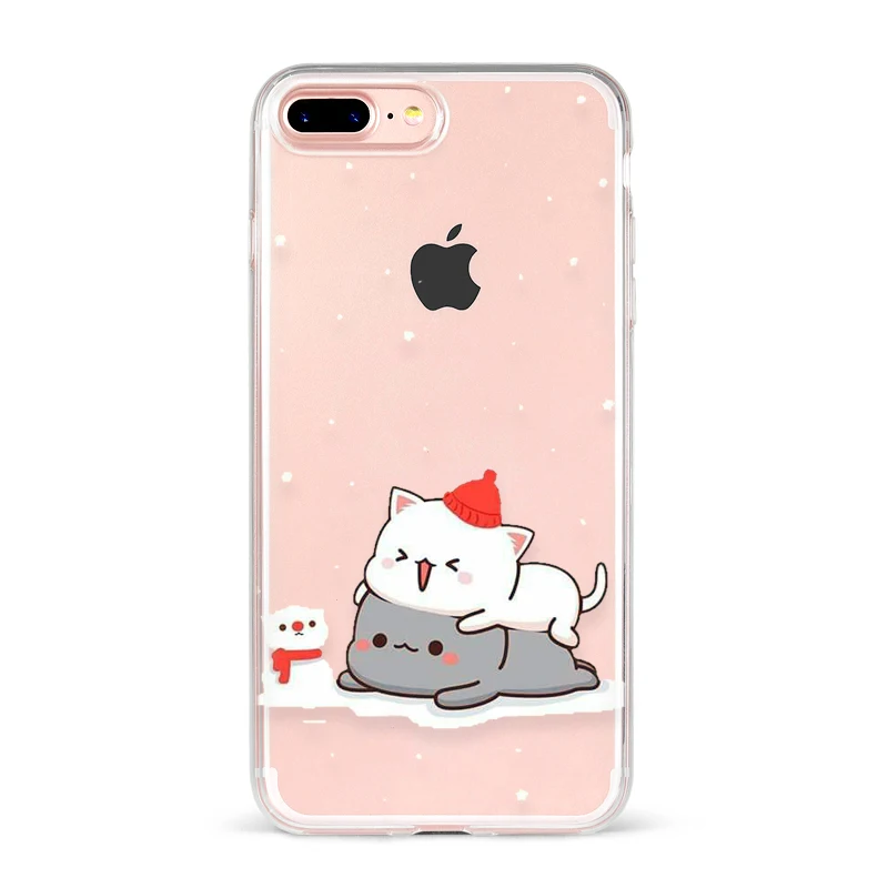 Peach Mochi Cat Cartoon Ctue lovely Love Couple Phone Case For iPhone 7 6 6S 8 PLUS X XS XR Max Transparente Soft Case For Girl - Цвет: TPU