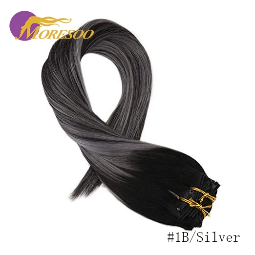 1B-Silver-1B Moresoo накладные волосы Remy на заколках для наращивания, натуральные волосы с эффектом омбре, 7 шт., 100 г, набор на всю голову - Цвет: 1B-Silver-1B