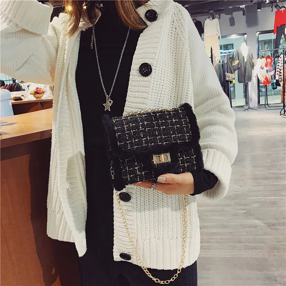 Женская сумка из плюша и шерсти на одно плечо маленькая квадратная высокого