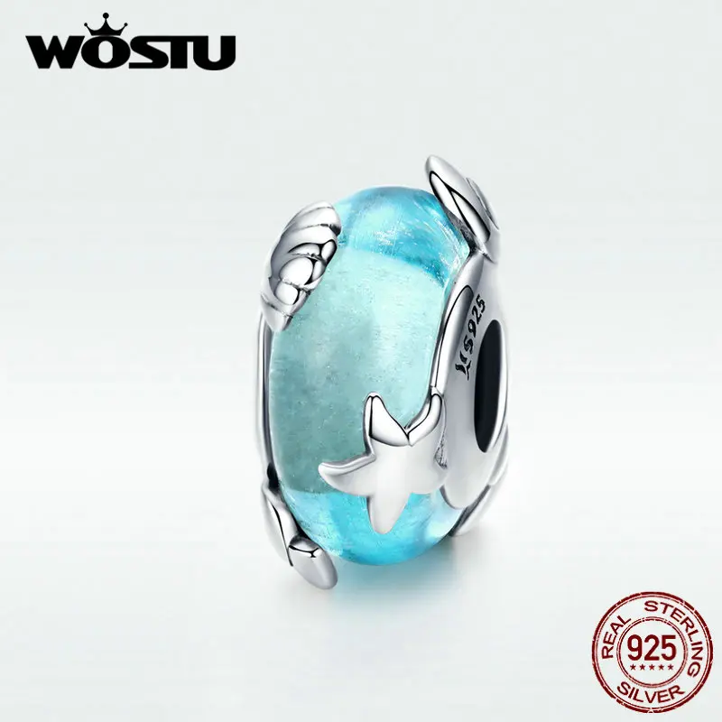 WOSTU Морская звезда и ракушка синие бусы 925 Стерлинговое Серебро Шарм из